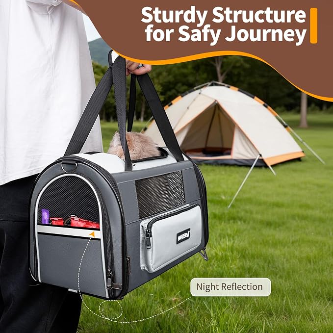 Collapsible Small Pet Carrier for Cat 15 lbs with Fashion Pocket Travel Bag | Lightweight Sturdy Little Puppy Dog Carry Crate, Breathable Stylish Kitten Soft Cage Kennel, Portable Yorkie Box Grey