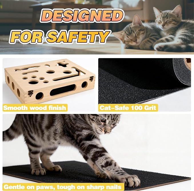 Cat Scratch Puzzle Enrichment Box, Interactive Cat Toy for 3 Balls & 2 Wand | Integrated Cat Nail File Scratcher - Stress Free Alternative to Clippers & Grinders for Indoor Cats