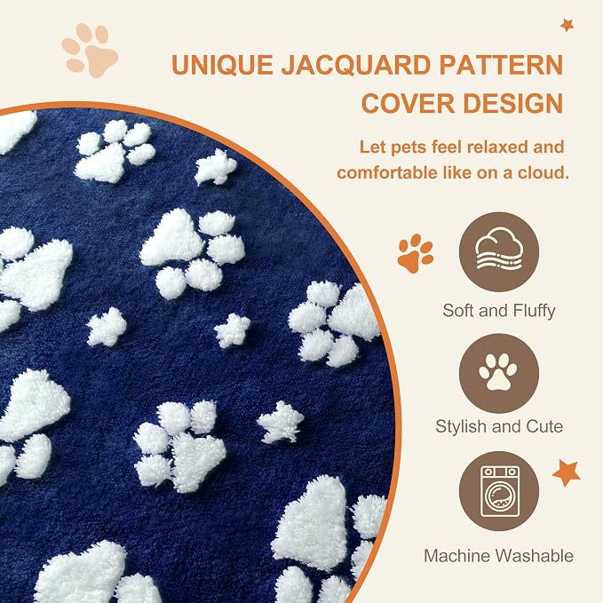 Cute Fluffy Dog Beds for Large Dogs, 35"x 22", Navy Paw | Thick Dog Bed for Crate Kennel, Pet Bed with Removable Washable Cover, Anti-Slip Bottom