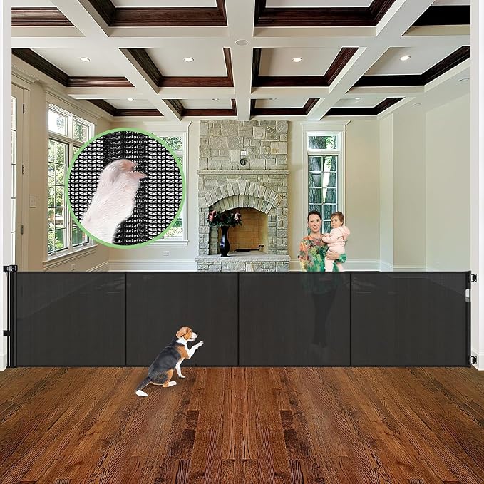 Reinforced 155" Extra Wide Baby Gate Retractable Dog Gate, Indoor/Outdoor | Retractable Fence for Large Openings, Space-Saving, Easy to Use, Scratch-Resistant Mesh, Safety Lock, Easy Install, Black