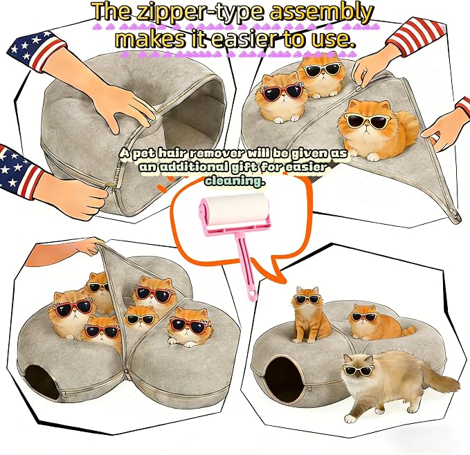 4-in-1 Large Cat Tunnel Bed for Multiple Large Cats, Scratch Resistant Donut & Detachable & Washable Donut Cat Bed,Up to 45 Lbs (L 40x40x11,Charcoal Gray),Bonus Pet Hair Remover Included