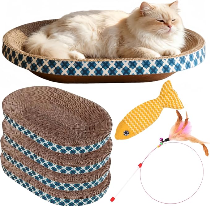 Cat Scratcher Bed with Toys, 4 Pack Oval Cat Scratcher Cardboard, Indoor Cat Scratch Bowl, Large Pad Cat Scratching Board with Catnip Fish Toy & Feather Wand for Furniture Protector L(17.5"x12.6"x3")