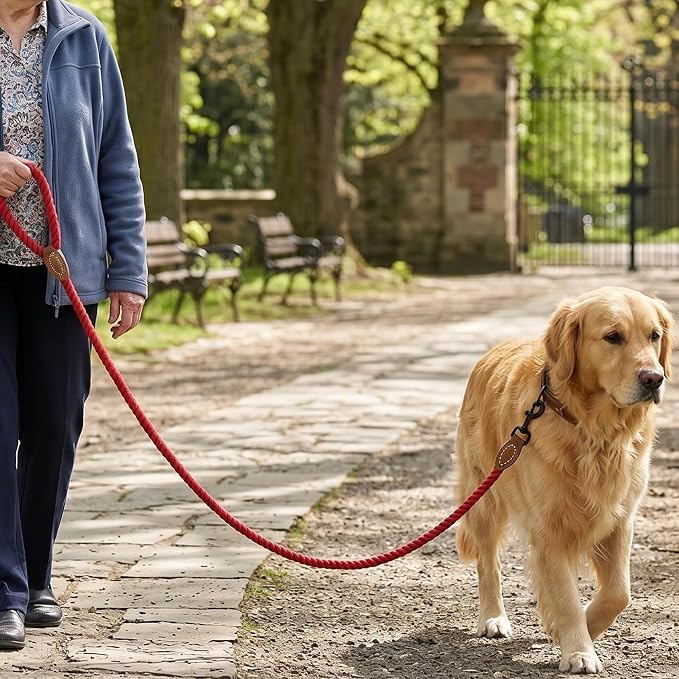 Mile High Life Dog Leash Braided Cotton Rope with Leather-Reinforced Ends | Rust-proof 360° swivel clasp, Heavy-duty for medium/large breeds. Great for weddings, daily walks (4 FT, 1/2", Red)