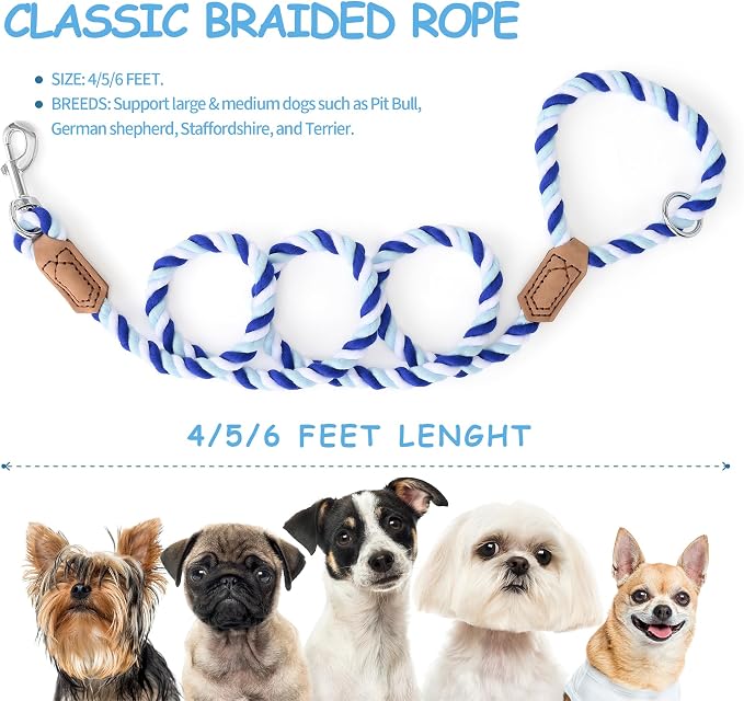 Mile High Life Rainbow Dog Leash Braided Cotton Rope w Leather-Wrapped Ends | Rust-proof 360° swivel clasp, Heavy-duty for medium/large breeds. Great for weddings, daily walks (4FT, 1/2", Blue Gradient)