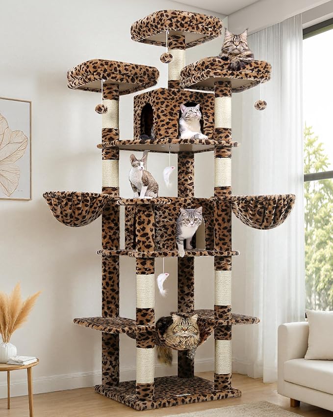 Globlazer Big Cat Tower for Indoor Cats, 80inch Cat Tower for Multiple Adult Cats XXL Cat Tree with Scratching Post, Hammock, 3 Perches, 2 Condos, 2 Hanging Basket, F80, Leopard Print