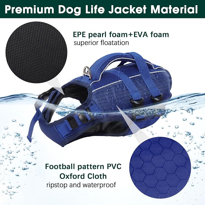 Kuoser Dog Life Jacket, High Flotation Reflective Dog Life Vest, Navy, M | Adjustable Dog Lifejackets for Small Medium Large Dogs, Lifevest with Rescue Handle for Swimming, Boating, Lake, Beach & Pool