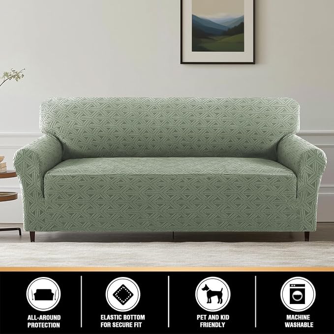 Jacquard Couch Covers for 3 Cushion Couch 1 Piece Stretch Sofa Covers Furniture Protector Anti-Slip Soft Thickened Dogs Slipcovers Washable Diamond Pattern(Sofa, Sea Grass)