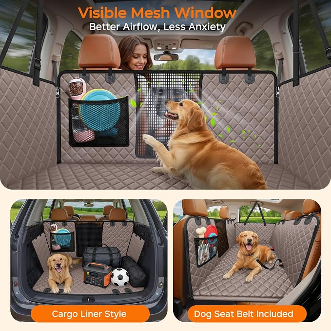 URPOWER XL Hard Bottom Dog Seat Cover for Full-Size Crew Cab Trucks | 400 lbs Support, 45% More Space, Waterproof, Mesh Window, Scratch Resistant, Non-Slip, Easy Care, Dog Seat Belt Included