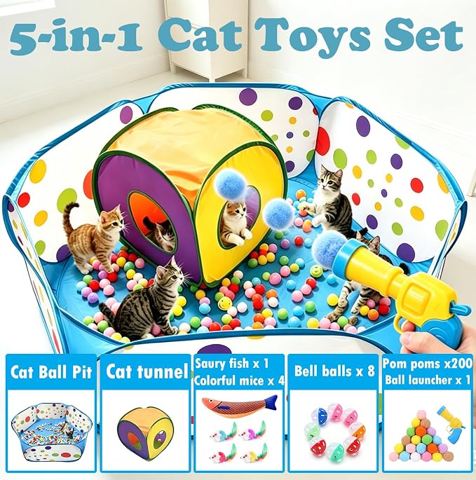 Ball Pit and Tunnel Tent for Cats, with 200 Pom‑pom Balls, 1 Ball Launcher, 8 Bell Balls, 4 Colorful Mice and 1 Saury Fish, Foldable Indoor & Outdoor Cat Activity Center for Interactive Play