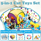 Ball Pit and Tunnel Tent for Cats, with 200 Pom‑pom Balls, 1 Ball Launcher, 8 Bell Balls, 4 Colorful Mice and 1 Saury Fish, Foldable Indoor & Outdoor Cat Activity Center for Interactive Play