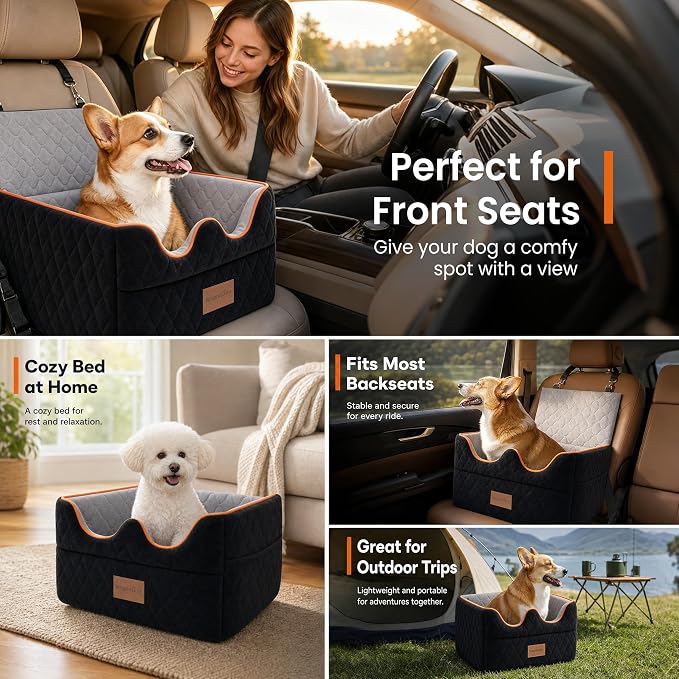 Dog Car Seat for Small/Medium Dogs Under 35lbs, Pet Booster Seat with 4In Memory Foam Cushion, Fully Detachable and Washable, Travel Dog Carseat with Storage Pocket and Safety Belt