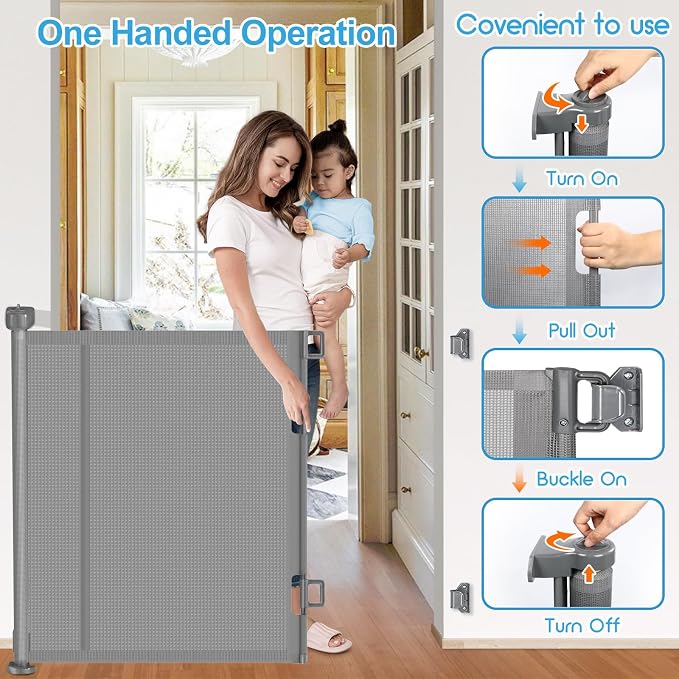 EZIGO 150 Inch Retractable Baby Gates Extra Wide Reinforced Baby Dog Gate | 34 Inch Tall Retractable Dog Gate with Reinforced Strip Mesh Safety Pet Gate for Stairs Hallway Doorway Indoor Outdoor, Gray