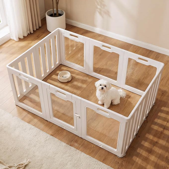 Soulbond Clear Acrylic Dog Playpen Indoor (24 Inch, White, 10 Panels) | Non-Slip,Tool-Free Assembly, External Door Lock Play Pen for Puppies and Small Dogs