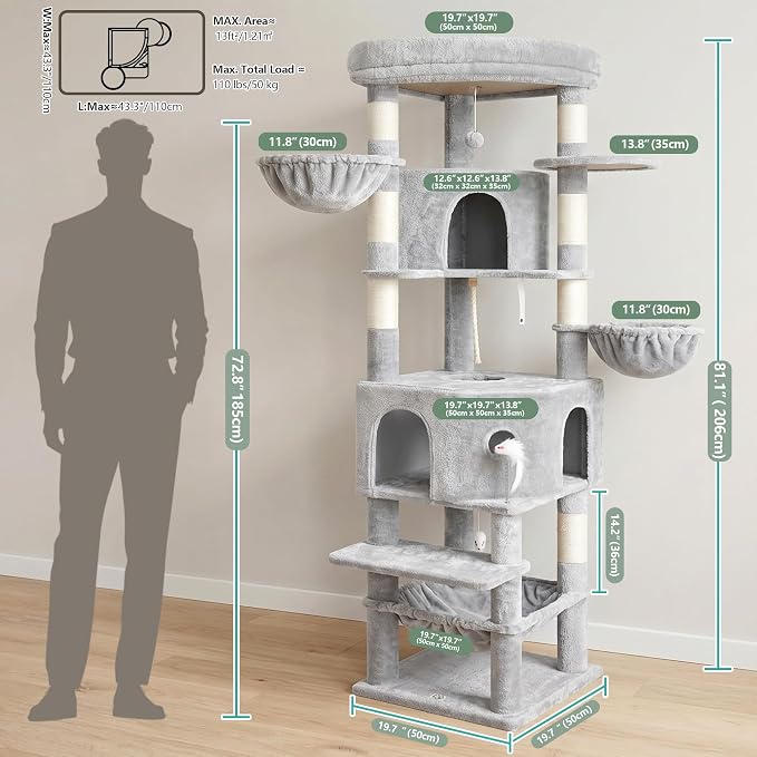 Cat Tree, 81.1" Skyward Corner Cat Tower for Large Cats VCT031W | Space-Smart Cat Furniture with Diamond Hideout, Grand Platform, Firm Base, 3 Soft Hammock & Pet Relax Station, Light Gray