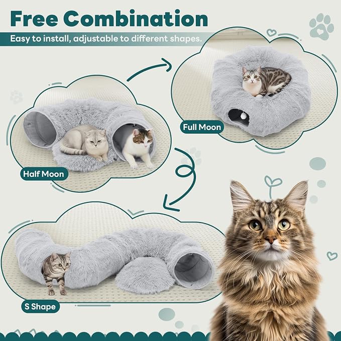 DUMOS Cat Tunnel Bed for Indoor Cats, Cave Donut Play Tunnel, Grey | Soft Plush Peekaboo, Washable Circle Cushion, Multifunctional Playground Under Tree Toys for Kittens, Puppy, Rabbit, Ferret