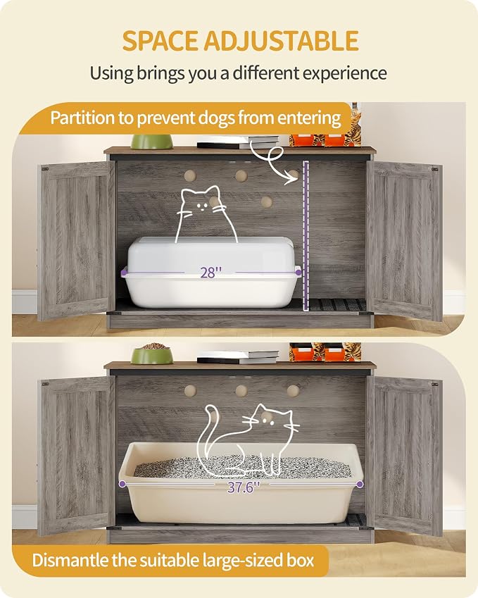 Hzuaneri Cat Litter Box Enclosure, Hidden Litter Box Furniture with Divider | Wooden Cat Cabinet with Removable Dividers, Reversible Entrance Left or Right Side, Cat Washroom, Greige CB84705X