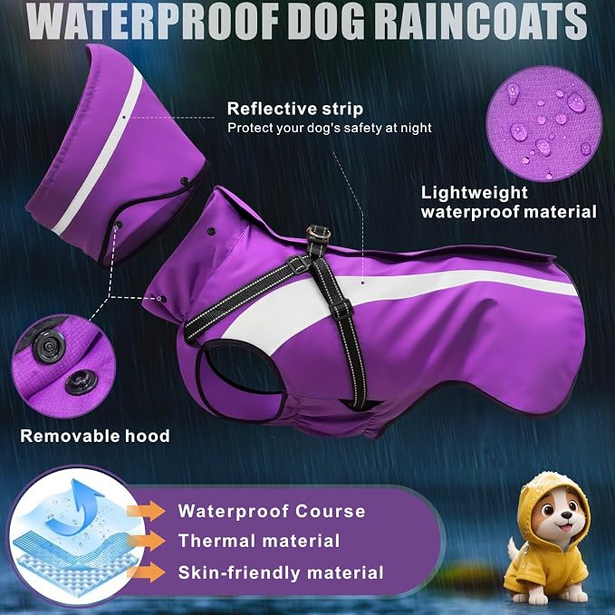 Dog Raincoat Waterproof Raincoats for Dog Reflective Dogs Rain Jackets with Hood Hoodie Pet Rain Poncho Coat for Small Medium Large Dogs Puppies S-XXL (Purple, XXL)