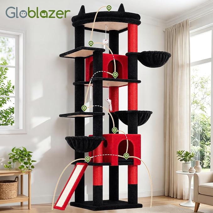Globlazer Extra Large Gothic Cat Tree, 78 inch Sturdy Tall Cat Tree Tower for Indoor Multiple Large Adult Cats Kittens with 6 Scratching Posts, Enlarged Top Perch, 2 Padded Condos, S78G, Black Red