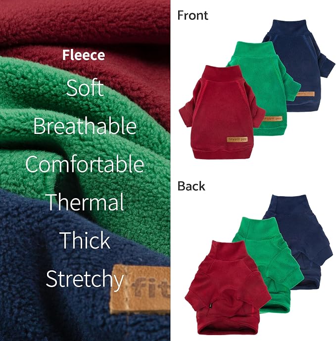 Fitwarm 3 Pack Classic Fleece Dog Sweater, Christmas Dog Winter Clothes for Small Dogs Boy Girl, Holiday Pet Apparel, Burgundy Red, Green, Navy Blue, XL