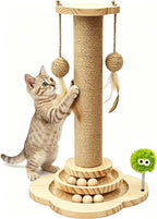 TINYBEAST Wooden Cat Scratching Post fot Kittens, 4 in 1 Cat Scratcher Toy with Cat Ball Tracks, 18" Tall Sisal Scratch Post for Indoor Kittens, Interactive Feather Toy and 2 Sisal Hanging Balls