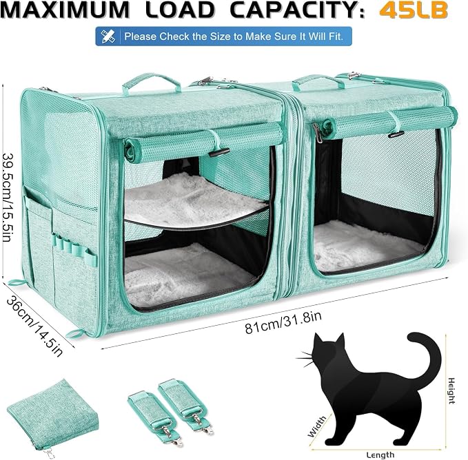 Extra Large Cat Carrier for 2 Cats with Travel Litter Box, 2-in-1 Foldable Soft Pet Car Travel Carrier with Zipper Locks for Multiple Cats Small Dogs Up to 45 Lbs, Green