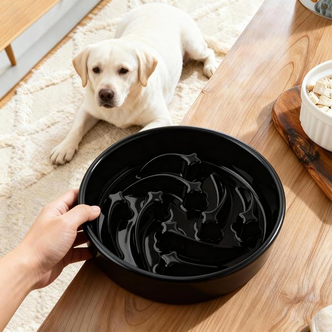 Ceramic Slow Feeder Dog Bowls Large Breed, 2 Cups, 8.3 Inch Black | 2 cups raised maze bowl slows fast eating for medium and large dogs; heavy ceramic, non-slip and dishwasher safe.