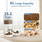 Sweetcrispy Automatic Cat Feeder for 2 Cats, 6L Automatic Pet Feeder, White | 25.3 Cups, 2 Stainless Bowls, Programmable Schedule, 6 Meals/Day, 50 Portions/Meal, Dual Power Supply, 10s Meal Call
