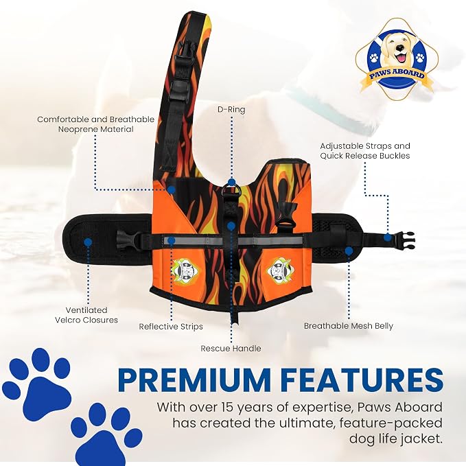 Dog Life Jacket — Premium Swim Vest with SafeChin Anti-Choke Collar | PAWS Aboard Racing Flames | RapidLift Rescue Handle, D-Ring, Reflective Trim | Boating, Kayaking, Pool | XX-Small (Under 6 lbs)