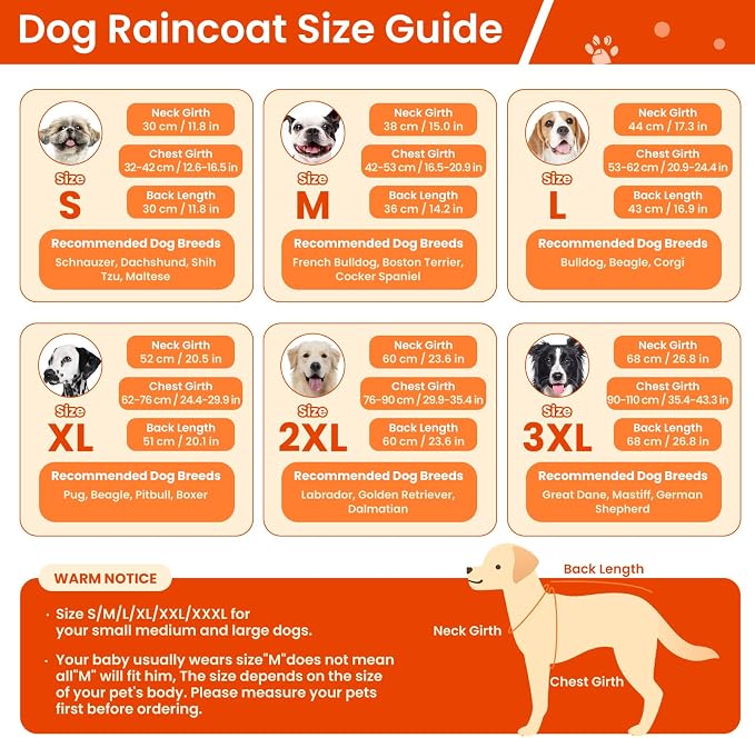 BRKURLEG Dog Raincoat, Waterproof Rain Jacket with Hood, Orange, L | Adjustable Windproof Rainproof Jacket with Leash Hole, Reflective Breathable Rain Coat Poncho, for Small to Large Dogs