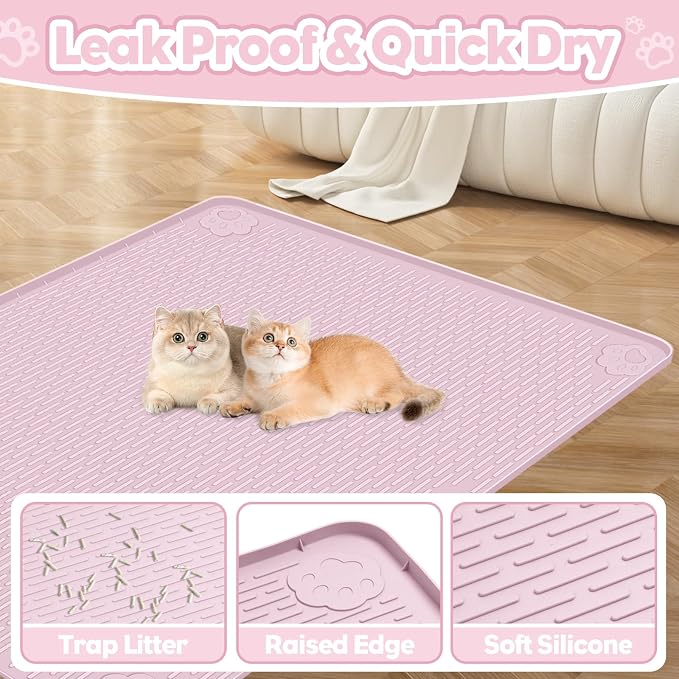 Silicone Cat Litter Mat for Litter Box 34”x22” Large Cat Mat, Pink | Waterproof, Non-Slip, Leak-Proof Rug Mat with Lip, Easy to Clean, Extra Large Litter Catcher Mat for Floor