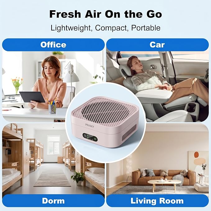Air Purifiers for Home, 2 Filter, Plug-in, Quiet H13 True HEPA Purifier Car | Portable, Travel/RV/Desk/Bedroom/Office, 600 Ft², Captures Smoke/Odor/Pet Dander, Timer, USB Powered - Pink