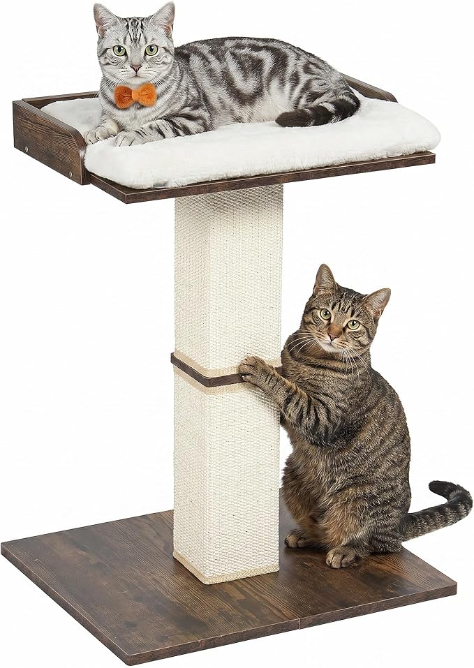 Retro Cat Scratching Post with Top Perch Bed for Indoor Cats | Removable & Washable Cushion, Small Morden Cat Tree, Cat Tower with Scratch Post, Natural Sisal, Retro-Style