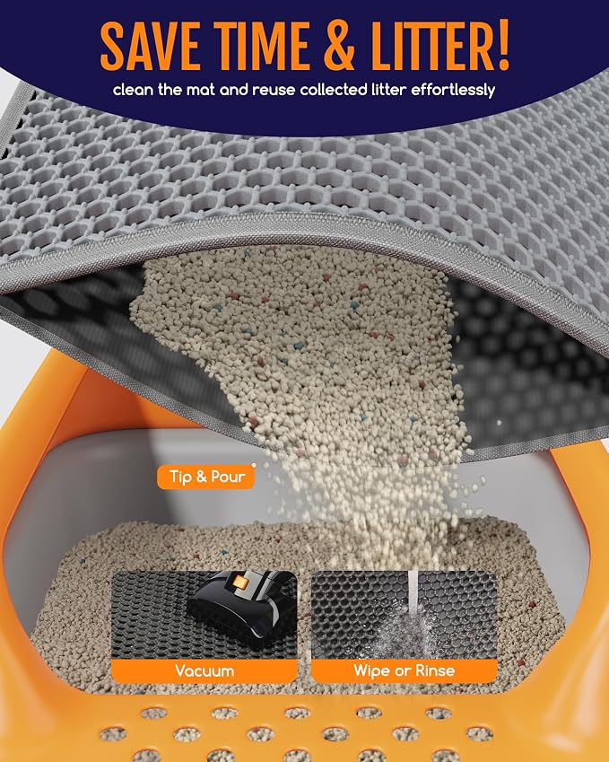 Powools Cat Litter Mat, Double-Layer, 23.2 x 14.6 in, Urine-Proof, Grey | Non-Slip Litter Trapping Mat, Easy to Clean, Kitty Litter Mats for Floor, Scatter Control, Waterproof Litter Box Mat for Cats