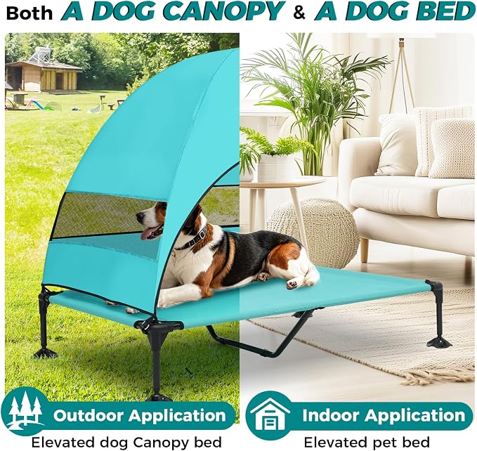 Elevated Dog Bed with Canopy for X-Large Dogs, Blue | UV-blocking shade, breathable Teslin mesh, tool-free setup, indoor-outdoor comfort for patios, balconies, travel