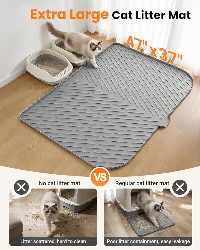 Cat Litter Mat, 47"x37" Extra Large Litter Box Mat, Silicone Mat, Gray | Waterproof Litter Trapping Mat for Scatter Control, Soft on Cat Paws Non-Slip Easy to Clean