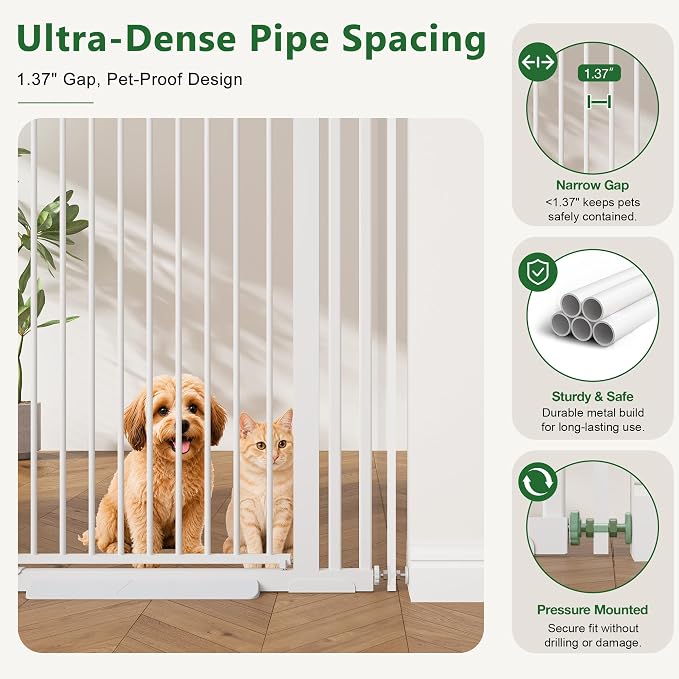 Floisdace 63" Extra Tall Pet Gate for Cat/Dog, Adjustable 29.9-41.3" Wide Auto Close Tall Cat Gate, No Drilling Pressure Mount Kit, Dog Gate for Doorways, Hallways, Kitchen, White