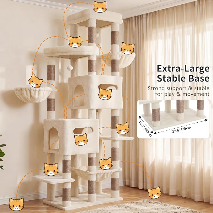 Heybly Cat Tree, 74.8'' Spacious & Tall Cat Tower for Large Cats HCT062MJ-1 | Cat Furniture with Large Top Perch, Solid Base, 2 Cat Condos, Hanging Hammock, Durable Sisal Scratching Posts, Beige