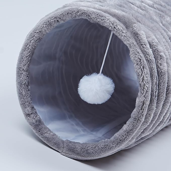 Luxurious Cat Tunnel,43" Straight Cat Tunnel Bed with Balls,Cat Toys for Indoor Cats,Collapsible Peekaboo Cat Cave for Kitten Toys (Gray Stripe)