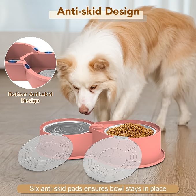 Newget 304 Stainless Steel Dog Bowl Set with Lids, 24oz Foldable Pet Dishes | Dual Food & Water Pet Bowl, Anti-Skid, Keeps Food Fresh, Easy to Install, for Small - Large Dogs/Cats - Indoor & Outdoor Use