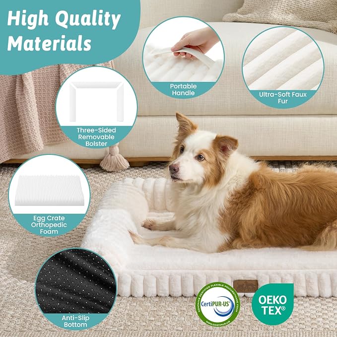COZY KISS Ultra Soft Faux Rabbit Fur Dog Bed for Extra Large Dogs – 48"x35" Orthopedic Foam Couch, Removable Washable Cover & Waterproof Lining, Tie-Dye Brown