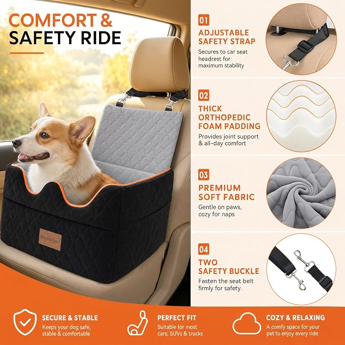 Dog Car Seat for Small/Medium Dogs Under 35lbs, Pet Booster Seat with 4In Memory Foam Cushion, Fully Detachable and Washable, Travel Dog Carseat with Storage Pocket and Safety Belt