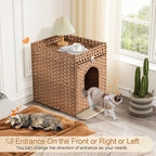 Snughome Cat Litter Box Enclosure Furniture Hidden with Litter Mat, Hidden Washroom Furniture with Door, Handwoven Rattan Cat Washroom Box, Indoor Pet House for Living Room, Bedroom(Natural)