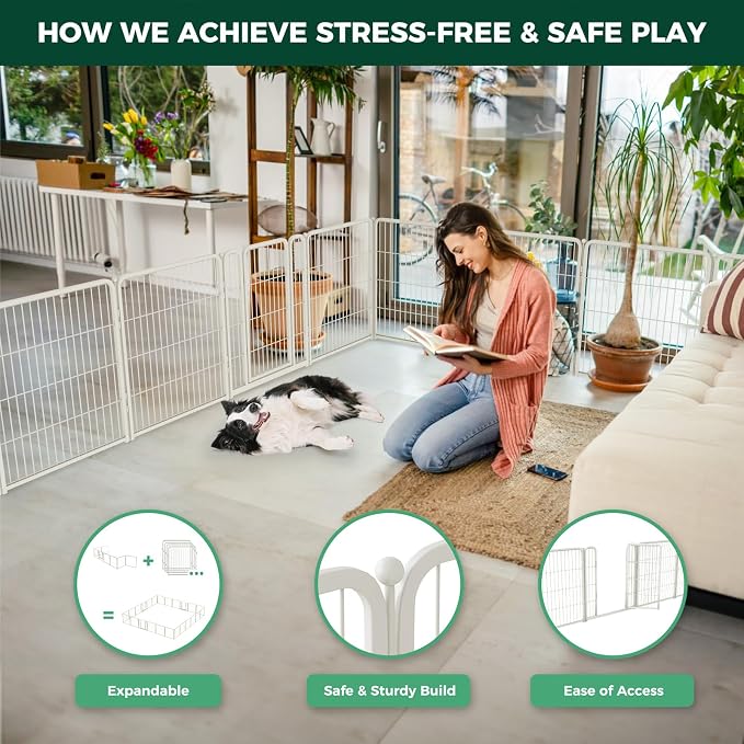 FXW Homeplus Indoor Dog Playpen, 32" H, 8 Panels, for Small & Medium Dogs | Stress-free play, Heavy-duty, Semi-open design, Easy setup, Threshold-free gate, Expandable, Patented