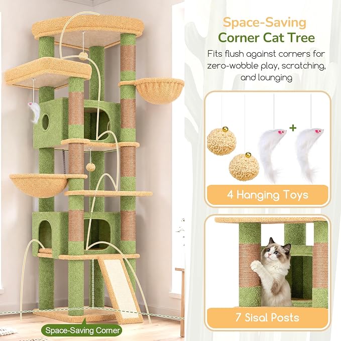 Globlazer Extra Large Heavy Duty Cactus Cat Tree, 80in Sturdy Cat Tree Tower for Multiple Indoor Cats Large Adult with Scratching Posts, 2 Spacious Condos with Padding, 2 Soft Perches, S80C, Green