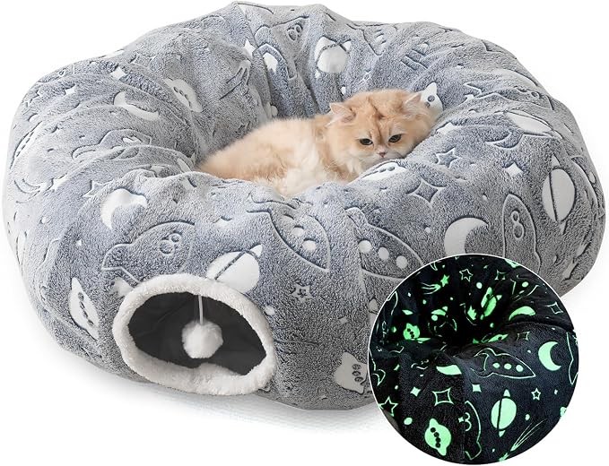 Large Cat Tunnels Bed Tube for Indoor Cats Under Christmas Tree Glows in The Dark Cat Tunnel with Cushion and Plush Ball Toy Longer Playground Toys for Dog Puppy Kitten Pet Gray