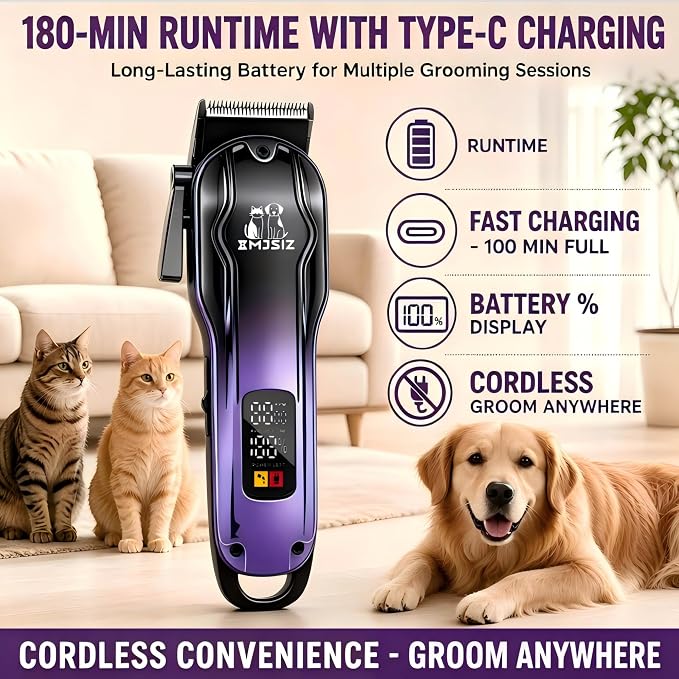 Dog Grooming Kit, Low Noise Cordless Pet Clippers for Dogs & Cats | Quiet Cordless Grooming • Thick Coat Trimming • USB-C Charging • Storage Case • Dogs & Cats