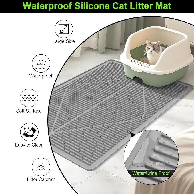 Mofason Rubber Cat Litter Mat Litter Box Mat - Grey Silicone Litter Catcher | Waterproof 24"x15" Kitty litter box mat, litter trapping catcher mat; easy clean litter trapping mat small cat litterbox mat