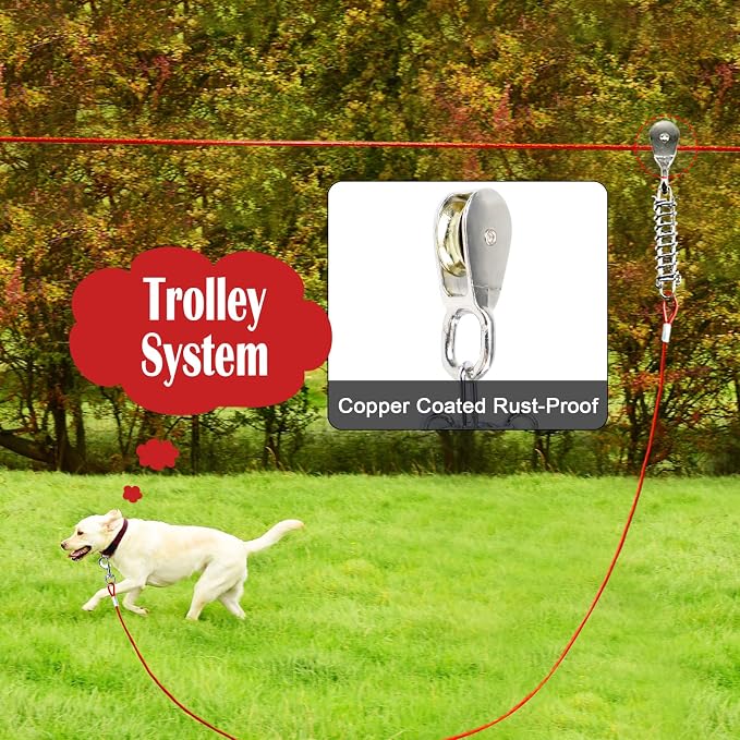 Dog Runner for Yard, Trolley System, 100FT+15FT, Red | Chew-resistant Cable, Shock Spring Softens Pulls, 360° Swivel Reduce Tangles