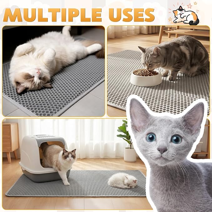 Cat Litter Mat 30"x24", Double Layer Waterproof Litterbox Mat, Gray | Non-slip backing, washable for easy cleanup, traps stray litter with waterproof honeycomb large grid that is urine-proof.