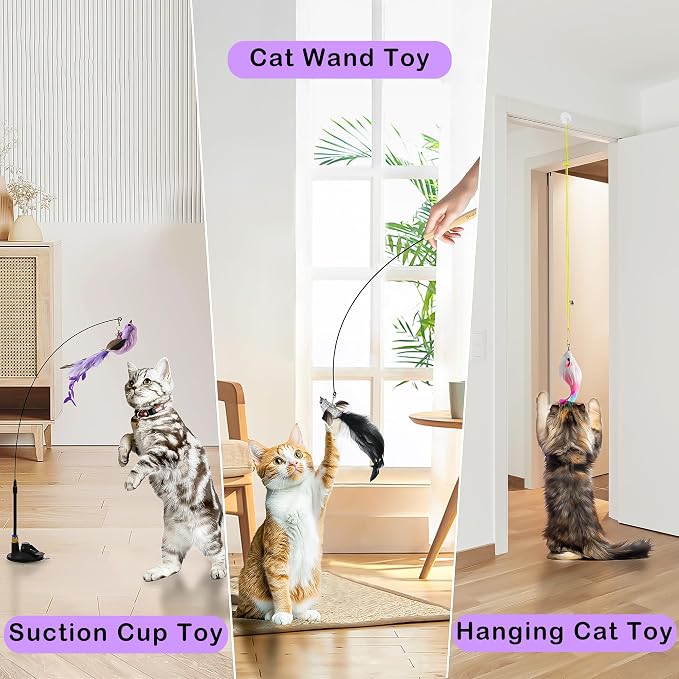 Soarer 3in1 Flying Bird Cat Wand Toys with Suction Cup for Indoor Cat,7Pcs | Enhanced Suction Cup,Interactive Cat Fishing Pole Toy Replacement and Door Hanging Cat String Toy for Indoor Kitten Self Play